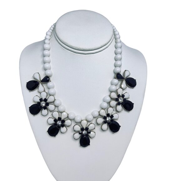 Charming Charlie Gold Tone, Black, White & Clear Floral Statement Necklace - Picture 1 of 6
